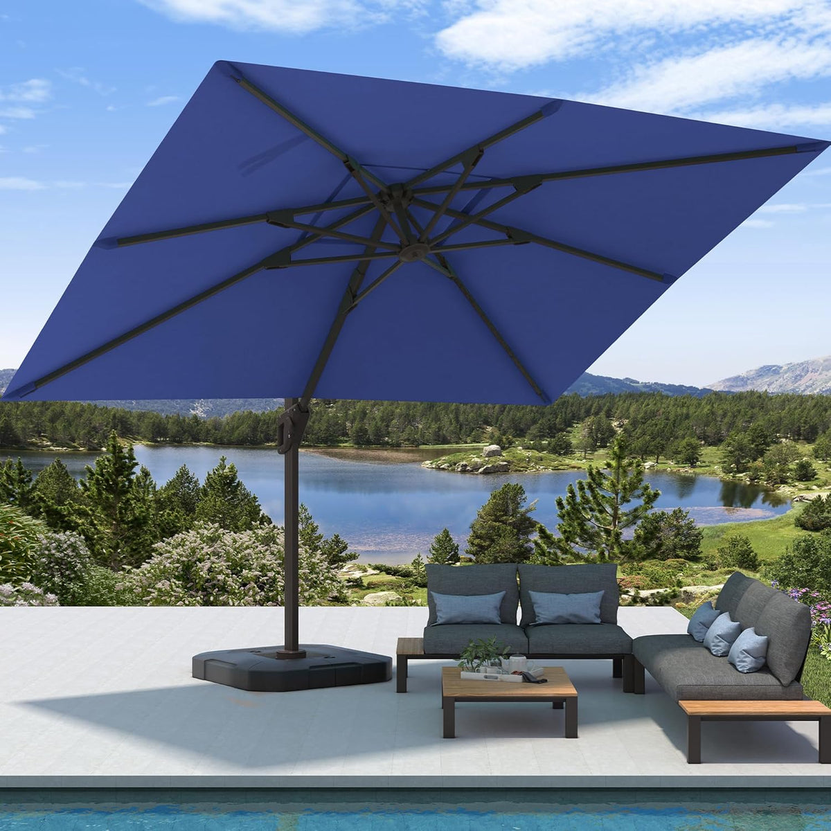 9' X 12' Cantilever Patio Umbrella with Base Included Rectangular Outdoor Large Offset Umbrellas with 7 Tilts Adjustable 360°Rotation for Deck Pool Garden Backyard, Navy