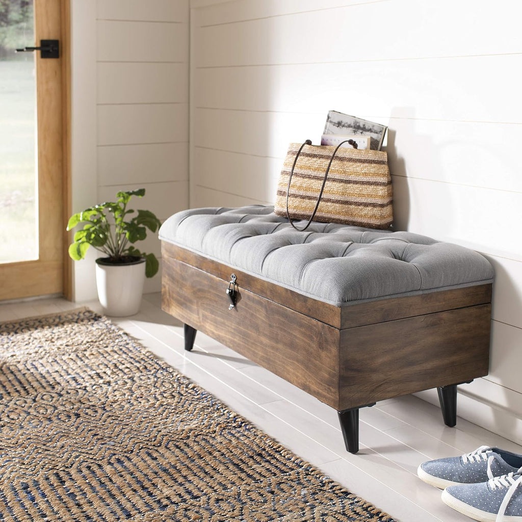 Safavieh Home Collection Liam Light Beige and Dark Oak Tufted Cocktail Ottoman