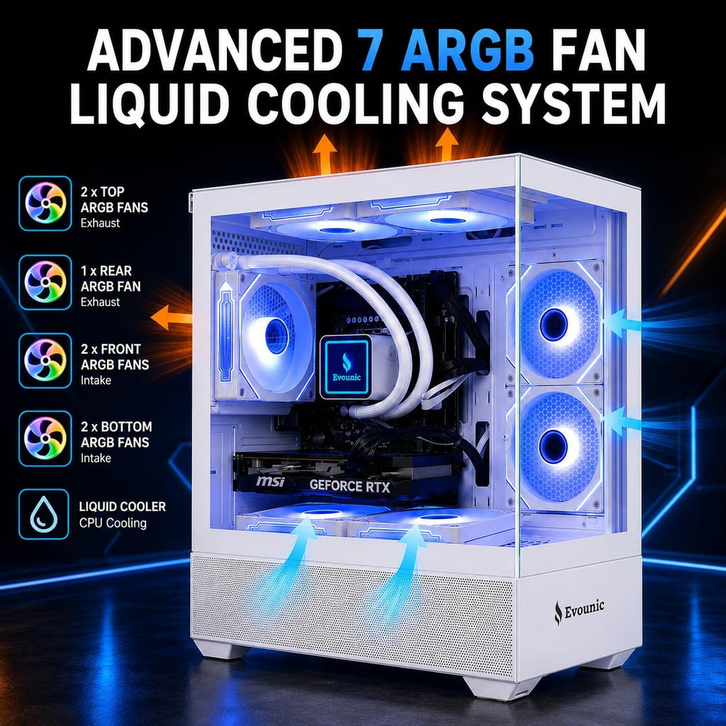 Gaming Desktop PC Computer Liquid Cooled – i7 Xeon 12-Core,GeForce RTX 4060 GDDR6, 64GB RAM, 512GB SSD + 1TB HDD, WiFi 6 & BT 5.4, 7× ARGB Fans, 650W PSU, Windows 11 Pro, RGB Keyboard & Mouse