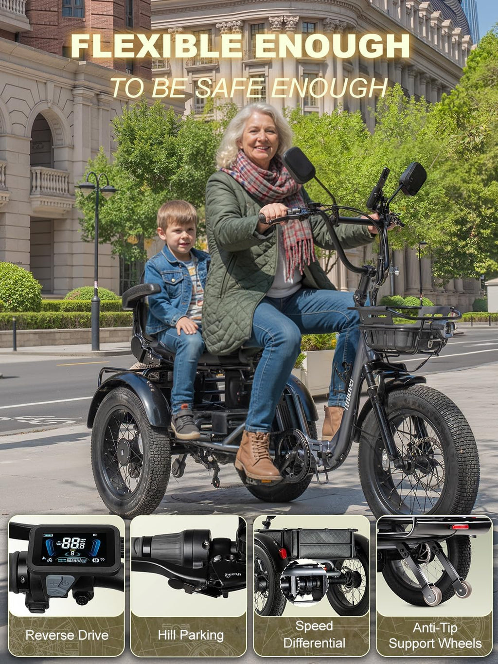 Creek Folding Electric Tricycle for Adults, Etrike with Passenger Seat & Backrest, 1000W 20MPH 80Miles Fat Tire Electric Trike, 3 Wheel Electric Bike, Reverse, Parking, Differential, Gray