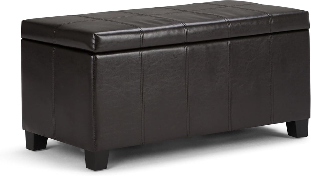 SIMPLIHOME Dover Storage Ottoman Bench - 36 inch Wide Upholstered Vegan Leather Rectangular Lift-Top Ottoman in Tanners Brown, Contemporary Bench for Living Room with Safety Hinges