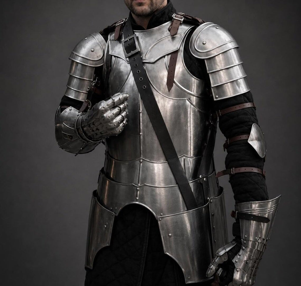 Medieval Steel Full Suit of Armor with Barbuta Helmet - Wearable 18 Gauge Steel Silver Costume Set for LARP, Theater, Cosplay, and Halloween (Full Body)