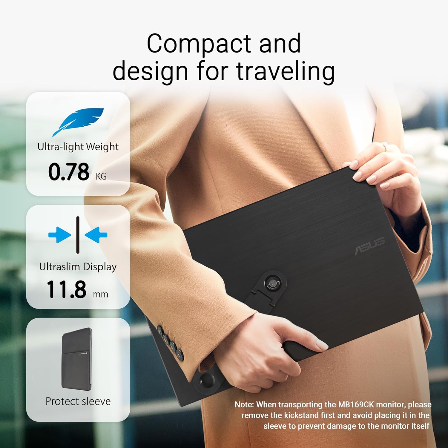 ASUS ZenScreen 15.6” Portable Monitor for Laptop (MB169CK) - Dual USB-C, Mini-HDMI, Plug & Play External Screen for Travel Dual Setup, Full HD, IPS, Anti-Glare Surface, 360° Kickstand, 3yr Warranty