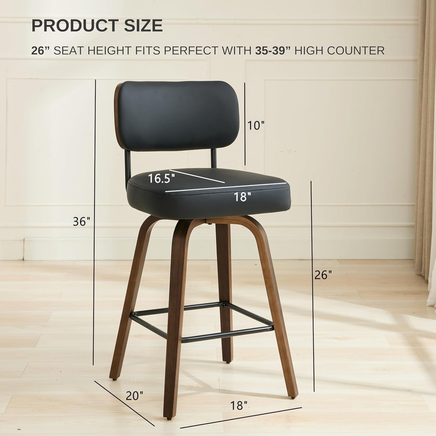 Swivel Bar Stools Set of 3, 26" Upholstered Counter Height Bar Stools with Back and Walnut Wood Legs, Faux Leather Barstools for Kitchen Counter, Black