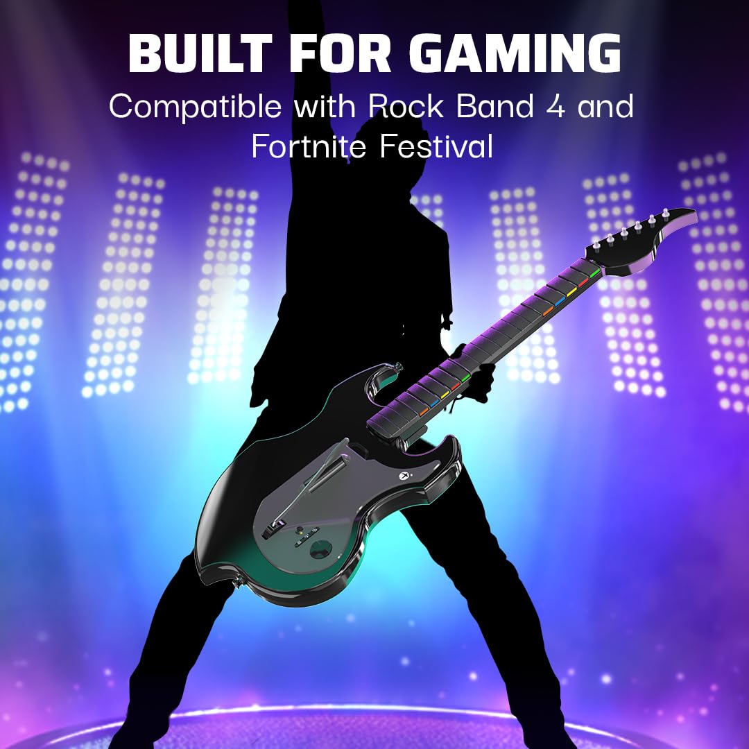 PDP RIFFMASTER Wireless Guitar Controller for Xbox Series X|S, Xbox One, Windows 10/11 PC, Rock Band 4, Fortnite Festival, Audio Jack, Rechargeable Battery, Officially Licensed by Microsoft – Black