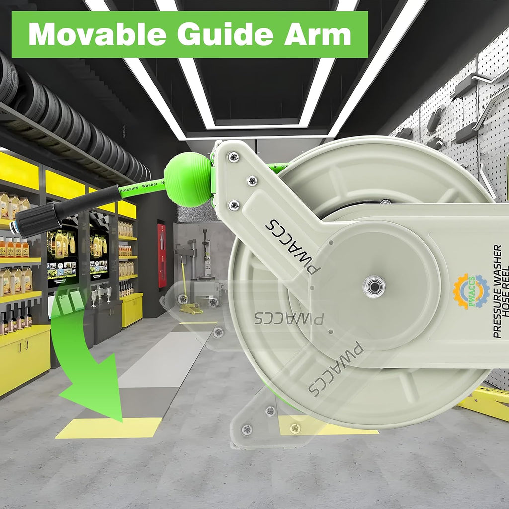 PWACCS Retractable Pressure Washer Hose Reel, Heavy Duty Power Washer Hose Reel 1/4" x 60ft, High Pressure Reel Auto Rewind, Wall/Floor Mounted, 3600 PSI