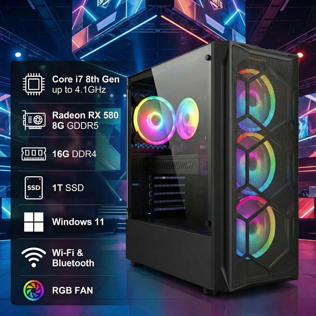 STGAubron Gaming PC Desktop Computer, Intel Core i7 8th Gen up to 4.1G, Radeon RX 580 8G, 16GB DDR4, 1TB SSD, WiFi 6, BT 5.2, RGB Fan x4, Windows 11 Home