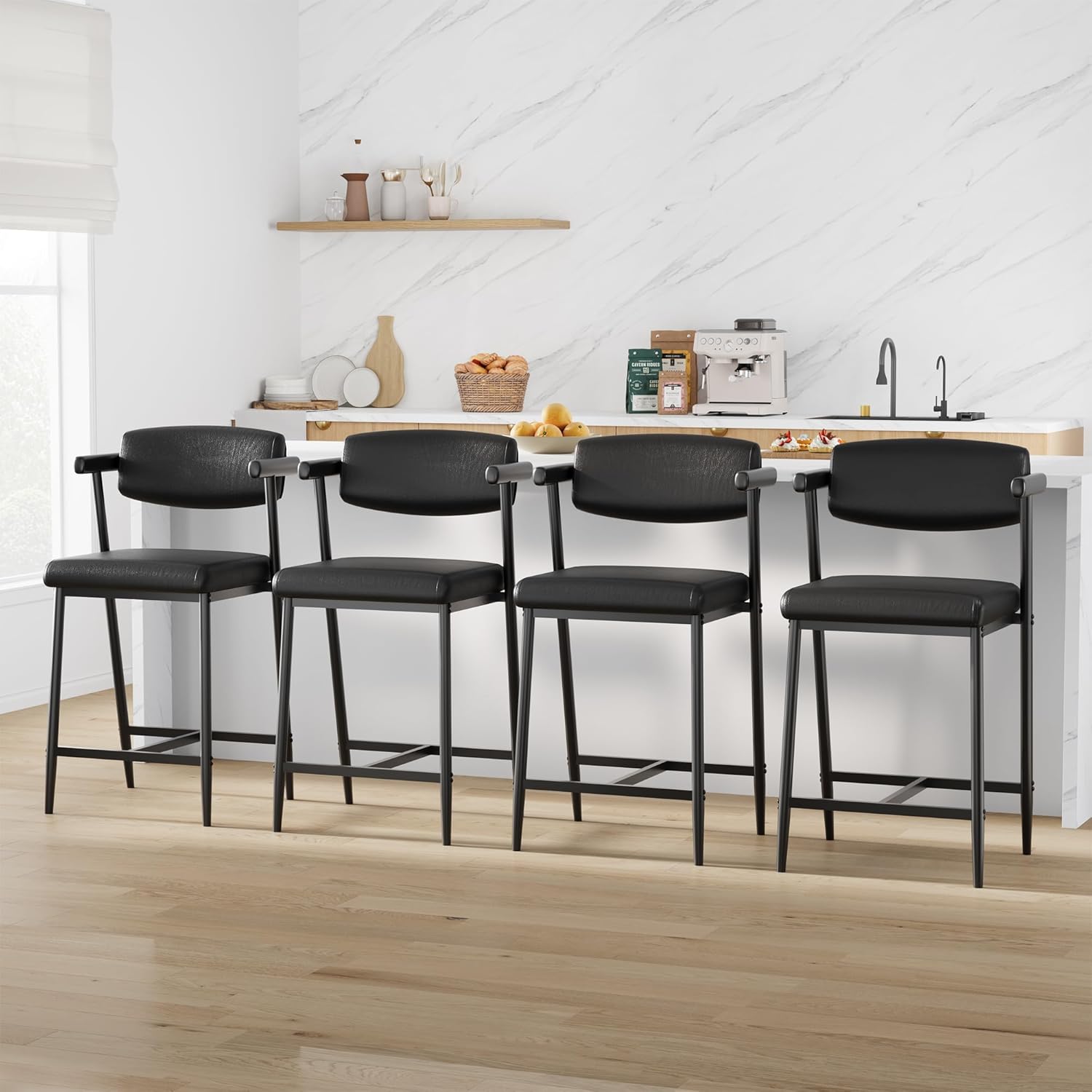 IDEALHOUSE Bar Stools Set of 4 with Armrests, Counter Height Bar Stools Set with Footrest & Soft Back, Metal Barstools Set with Wide Upholstered Seat for Kitchen Islands, Counter Bars, Rustic Black