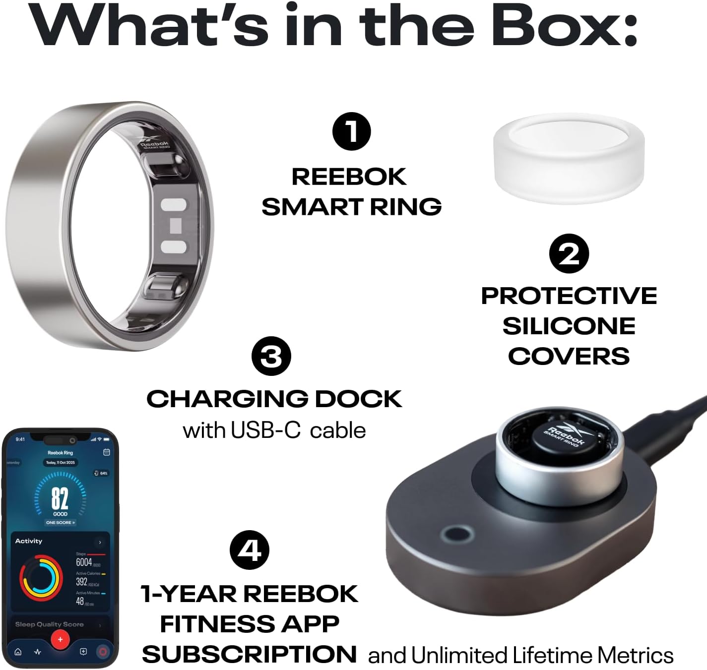 Reebok Smart Ring for Women or Men - Matte Black, Size 14 Fitness Ring - The Next Generation of Wearable Technology - Fitness and Sleep Tracker - Monitors Wellbeing and Recovery
