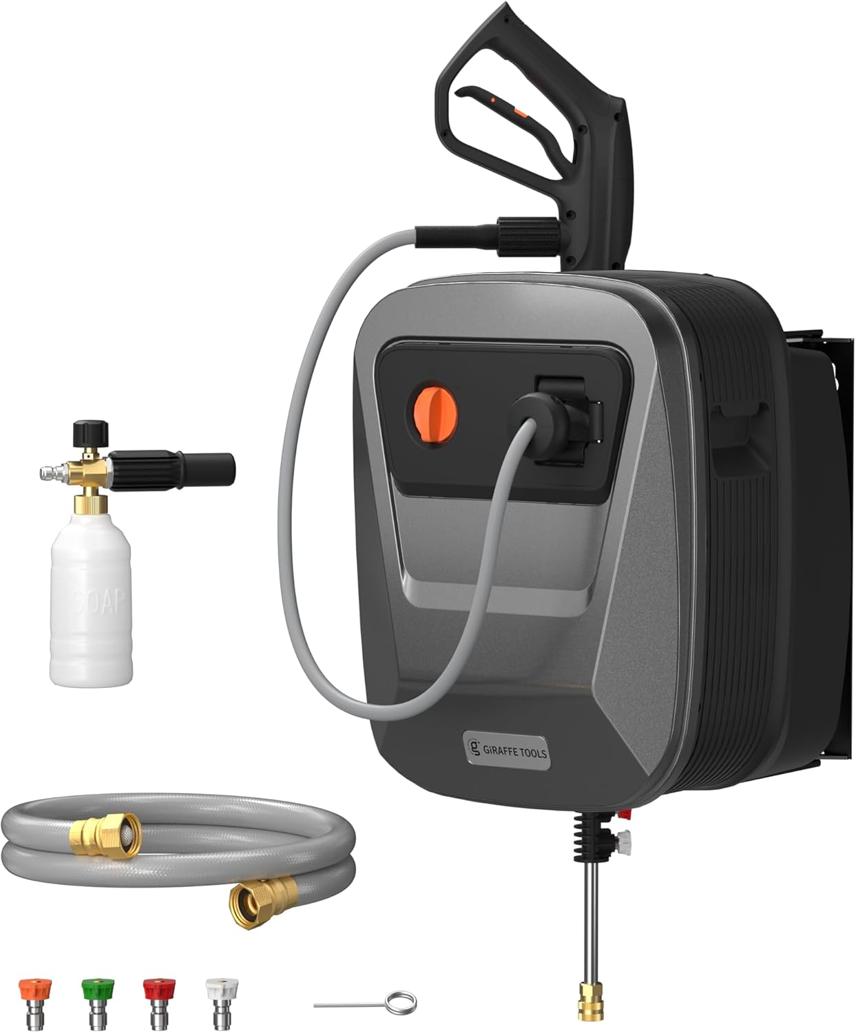 Giraffe Tools Grandfalls Retractable Pressure Washer G20, 2500 PSI 2.2 GPM, Wall Mounted with 65FT Hose Reel, 4 Nozzles for Floor/Cars/Fences/Patios, Dark Silver Case with Grey Pressure Hoses