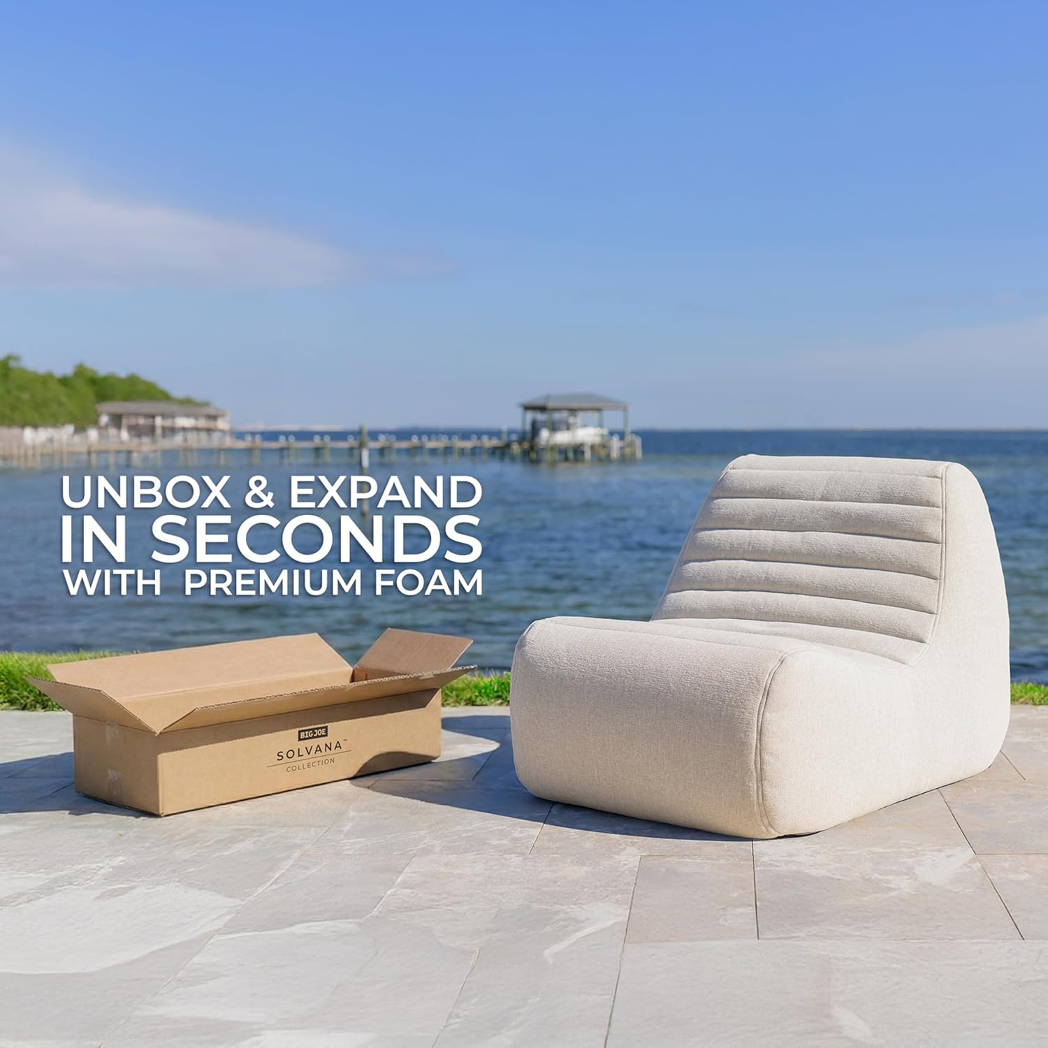 Big Joe Solvana Outdoor Lounge Chair and Ottoman, 2 Piece Patio Furniture Set, Performance Linen Weather-Resistant Fabric, Sunlit Cream