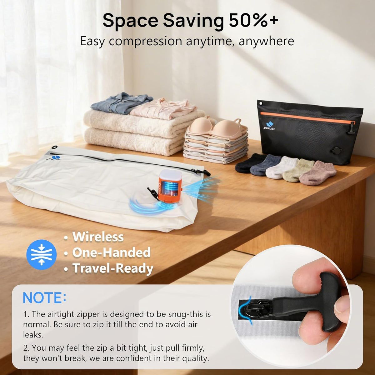 Zurligi Travel Vacuum Bags with Pump, 3 Pack IPX8 Waterproof Reusable & Attachable Vacuum Seal Bags for Clothing, Space Saver for Underwear & Essentials, Suitable for Carry-On Luggage