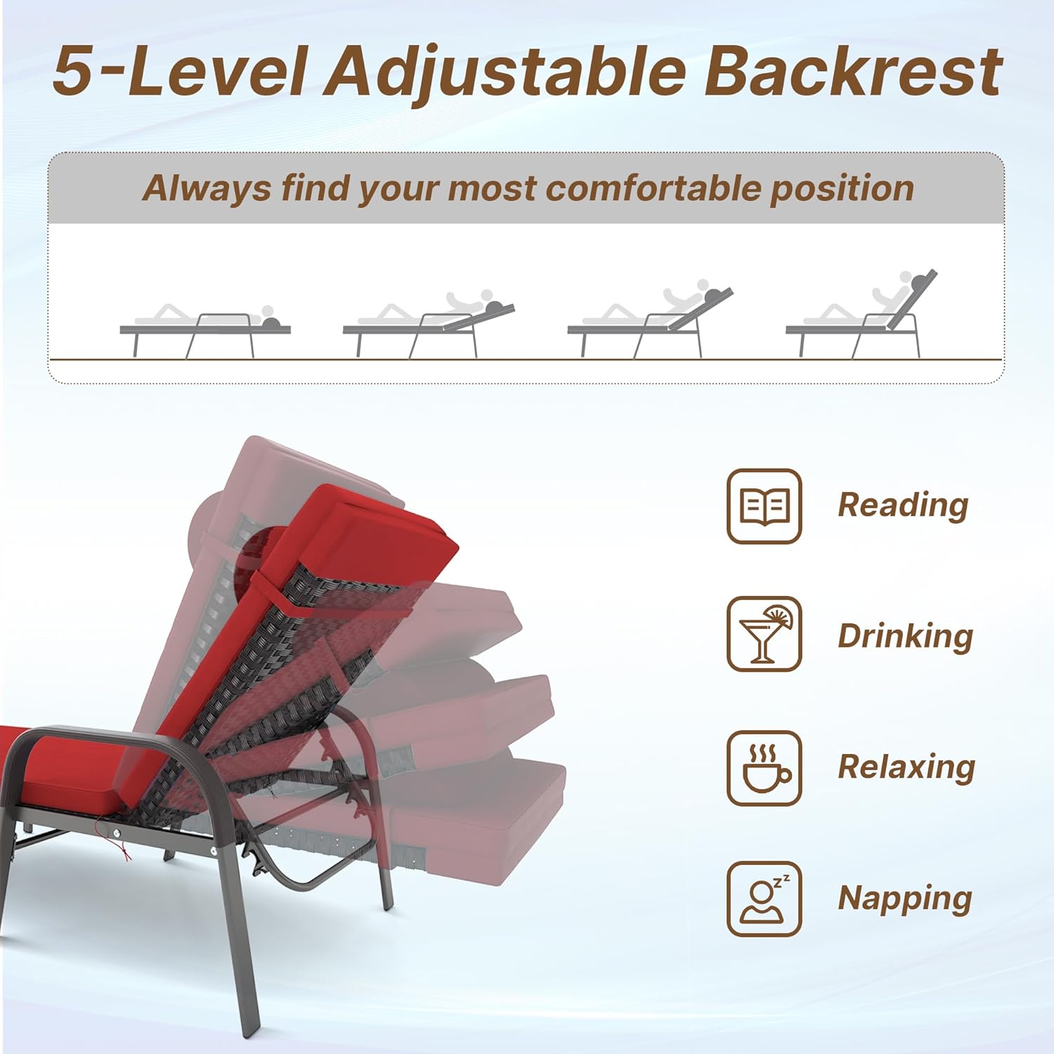 Gotland Patio Chaise Lounge Sets Outdoor Armchair Recliner Rattan Adjustable Back 3 Pieces Cushioned Patio Folding Chaise Lounge with Folding Table