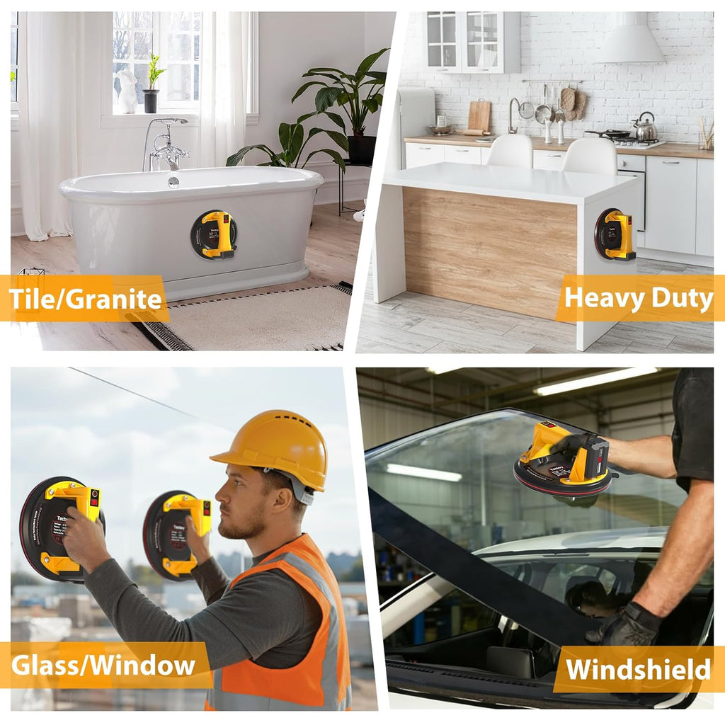 Electric Tile Suction Cups Lifter Tool Suction Cup for Glass 8" Heavy Duty 680 Lbs Battery Powered with 4X 2400mAh Batteries, Auto Start Pump, for Lifting Large Glass, Tile, Granite, Metal, Floor