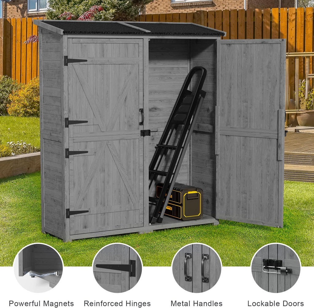 Gizoon Outdoor Storage Cabinet with Waterproof Roof, Double Lockable Doors Garden Shed with 2 Removable Shelves, Wooden Storage Shed with Large Storage Space for Patio, Garden, Backyard, Lawn, Grey