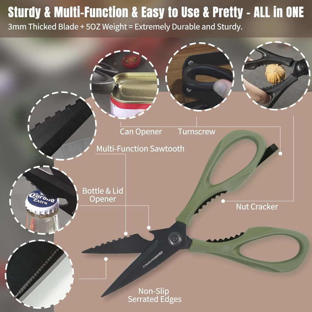 3-pack Kitchen Scissors All Purpose, Heavy Duty Kitchen Shears with Sheath & Sharpener, Sharp Safety herb scissor, Dishwasher Safe Shears for Food, No Rust Titanium Scissors for Office