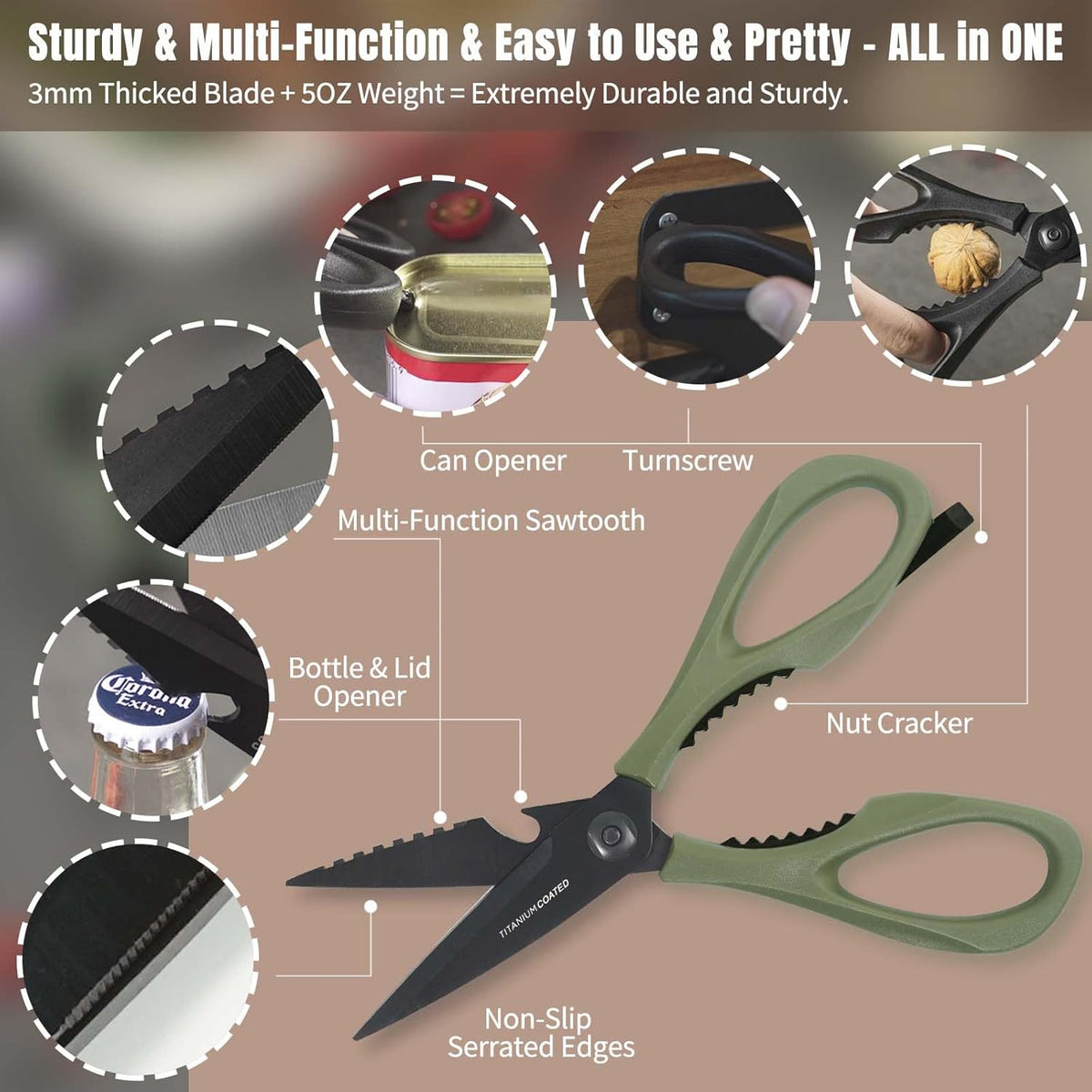3-pack Kitchen Scissors All Purpose, Heavy Duty Kitchen Shears with Sheath & Sharpener, Sharp Safety herb scissor, Dishwasher Safe Shears for Food, No Rust Titanium Scissors for Office
