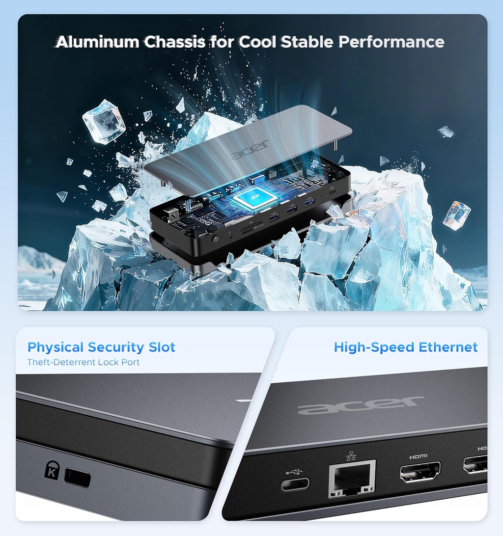 Acer Premium 13-in-1 Docking Station with 110W PD & Triple Monitor Support | Dual 4K HDMI and DP,5Gbps USB A/C,Gigabit Ethernet,Security Lock | Laptop Docking Station for Windows/Dell/HP/Lenovo/Asus