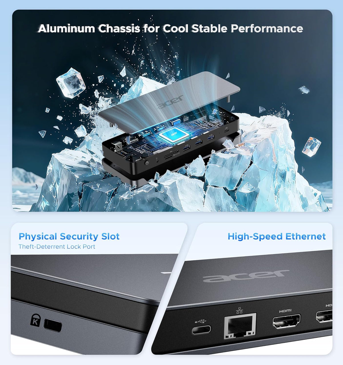 Acer Premium 13-in-1 Docking Station with 110W PD & Triple Monitor Support | Dual 4K HDMI and DP,5Gbps USB A/C,Gigabit Ethernet,Security Lock | Laptop Docking Station for Windows/Dell/HP/Lenovo/Asus