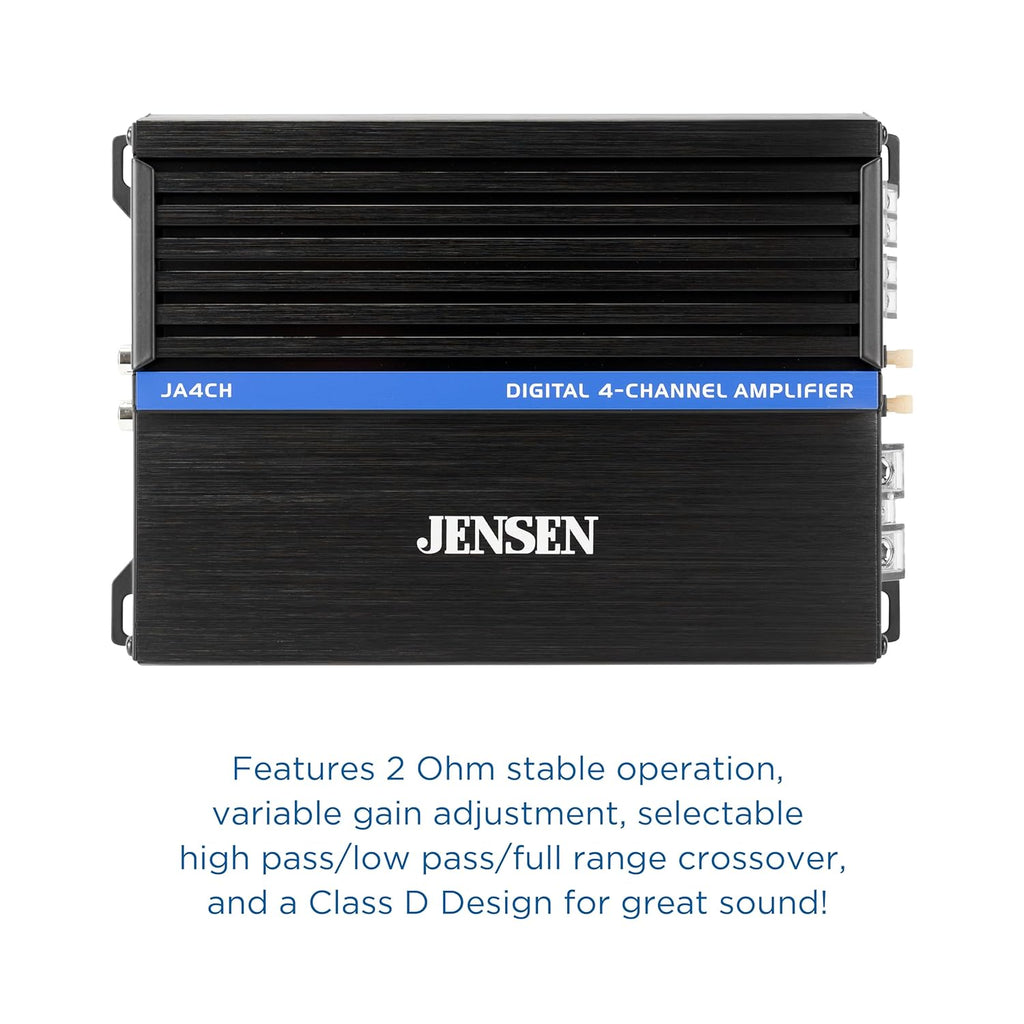 JENSEN JA-Series JA4CH High-Performance Class-D 4-Channel Car Audio Amplifier | Truck, Motorcycle, Golf Cart | 1,000 Watts Peak Power | Efficient Compact Design | CTA-2006-D Certified | Bridegeable