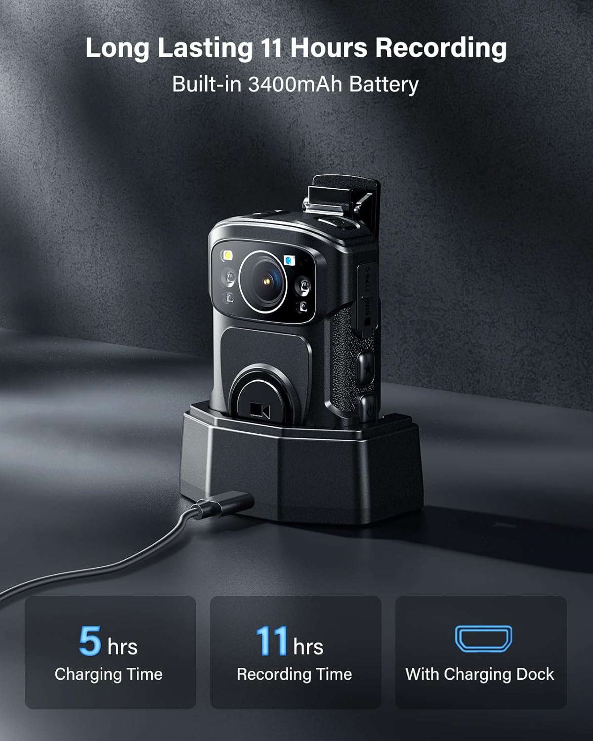 BOBLOV B4K5 4K Body Camera, 3400mAh IP68 Waterproof GPS Police 128GB Body Cams for 11Hrs(1080P Only) Video Record, Provide Charging Dock, Night Vision Video Camcorder for Personal, Guard Civilians