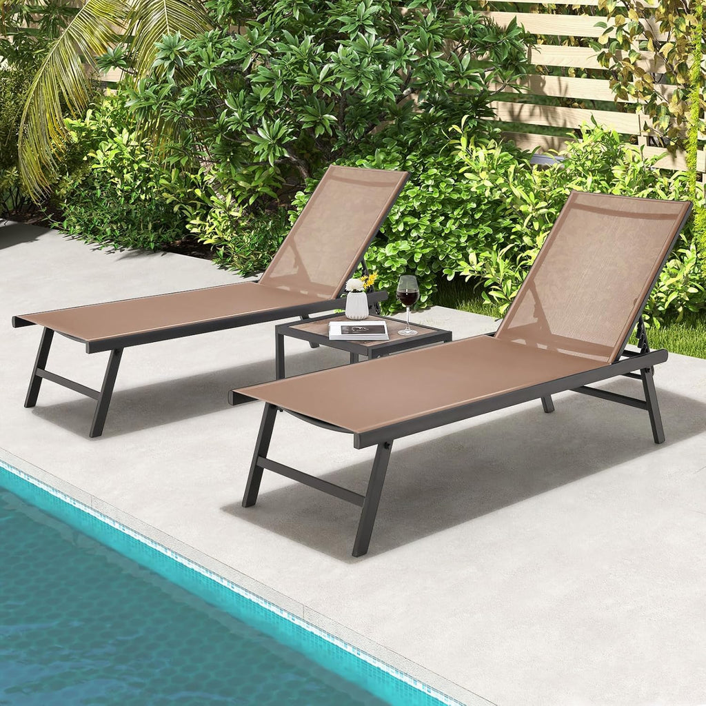 Tangkula 3 Piece Patio Chaise Lounge Set, Aluminum Patio Recliner with Coffee Table, 6-Level Backrest Adjustment, Outdoor Lounge Chair & Side Table Set for Poolside, Backyard (Brown)