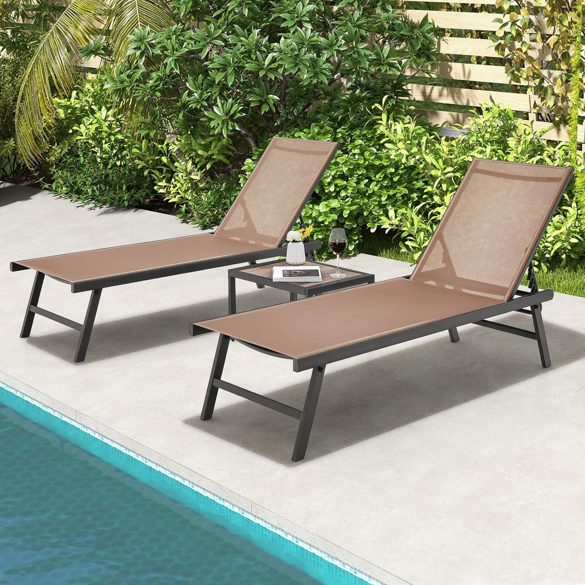 Tangkula 3 Piece Patio Chaise Lounge Set, Aluminum Patio Recliner with Coffee Table, 6-Level Backrest Adjustment, Outdoor Lounge Chair & Side Table Set for Poolside, Backyard (Brown)
