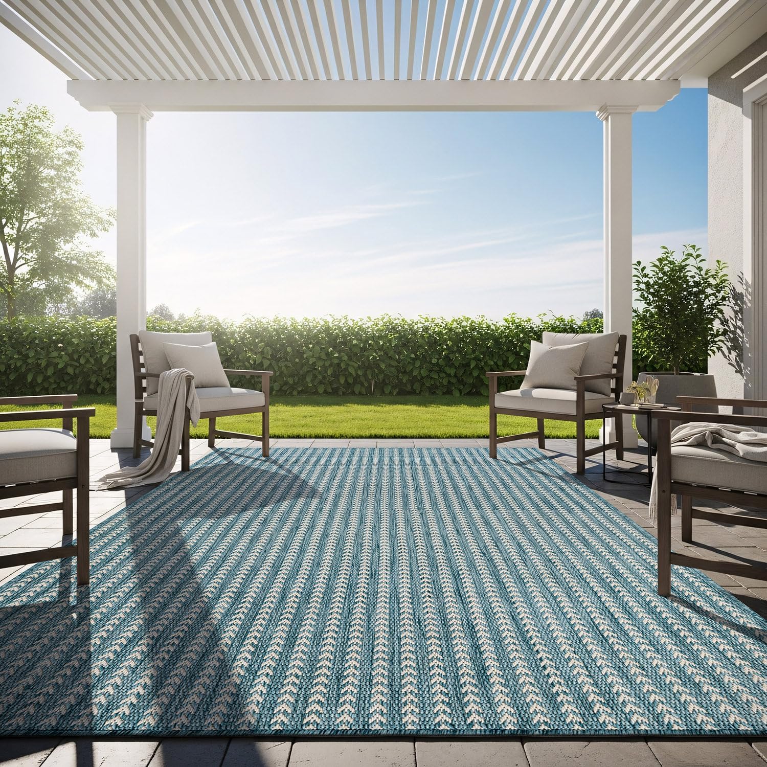Washable Outdoor Rug 9x12 Modern Area Rugs Outdoor Carpets Striped Pattern Non Shedding Waterproof Easy Clean Patio Deck Porch Living Room Bedroom Garden RV (9 X 12 Aqua)
