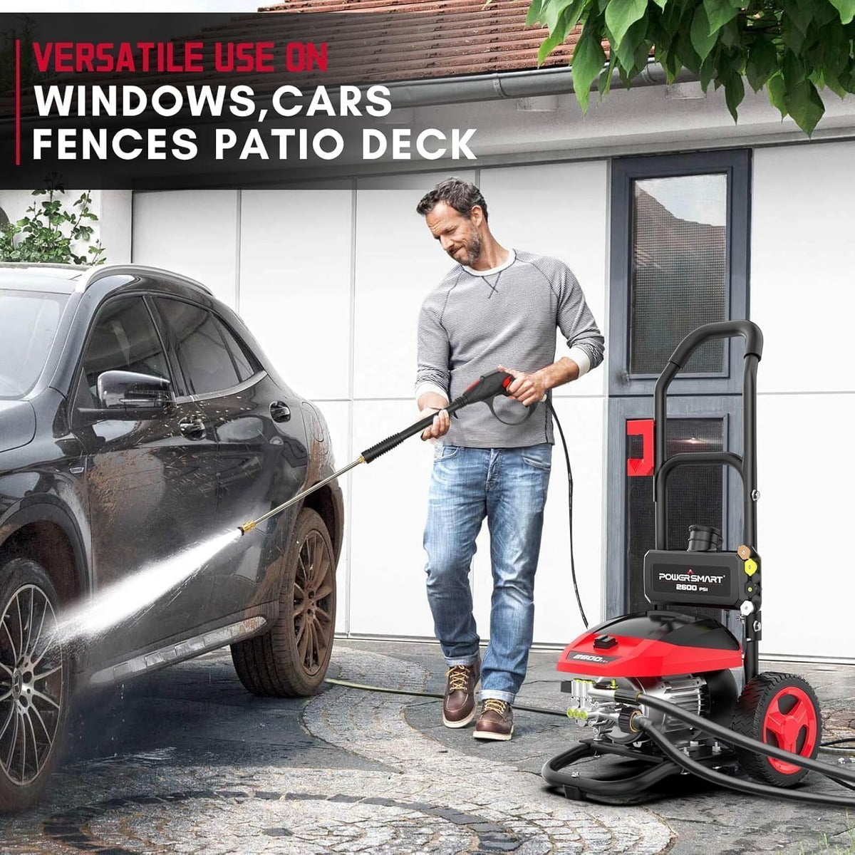 PowerSmart 3000 PSI Max Electric Pressure Washer-1.2 GPM Brushless Motor Power Washer with 5 Nozzles, GFCI Protection, 8” Wheels and Soap Tank, for Car, Patio, Fence, Driveway Cleaning
