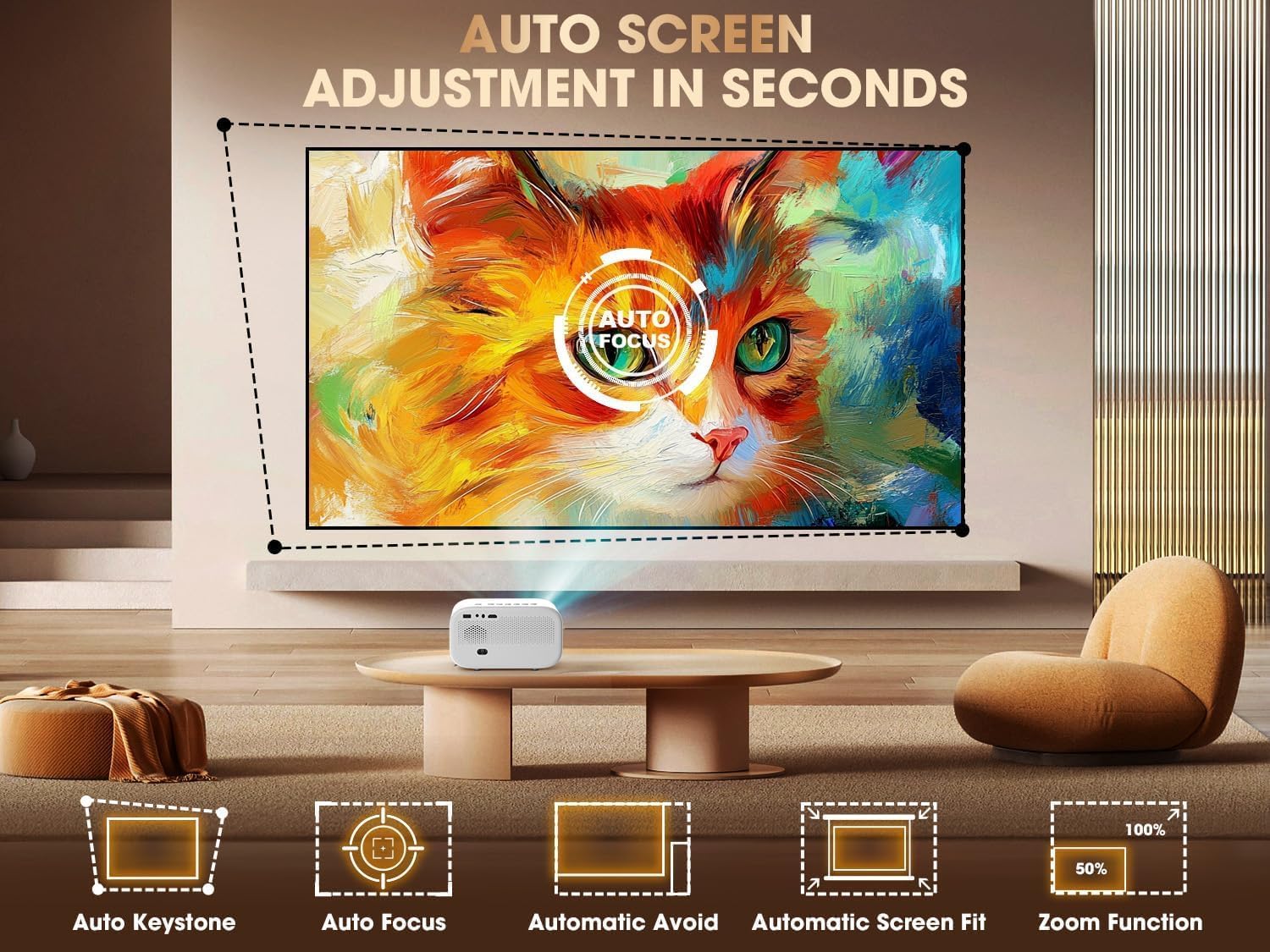 VIZONY Smart Projector with WiFi 6 & Bluetooth, Compatible with Netflix/YouTube/Prime Video Apps, Auto Focus & Keystone, Full-Sealed Optical Engine, Native 1080P