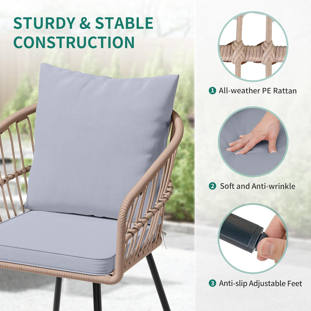 YITAHOME 3 Piece Bistro Set Outdoor with Thick Cushions&Table All-Weather Wicker Patio Furniture Set with Armrest Rattan Conversation Set for Balcony, Backyard, Pool, Porch, Deck - Grey