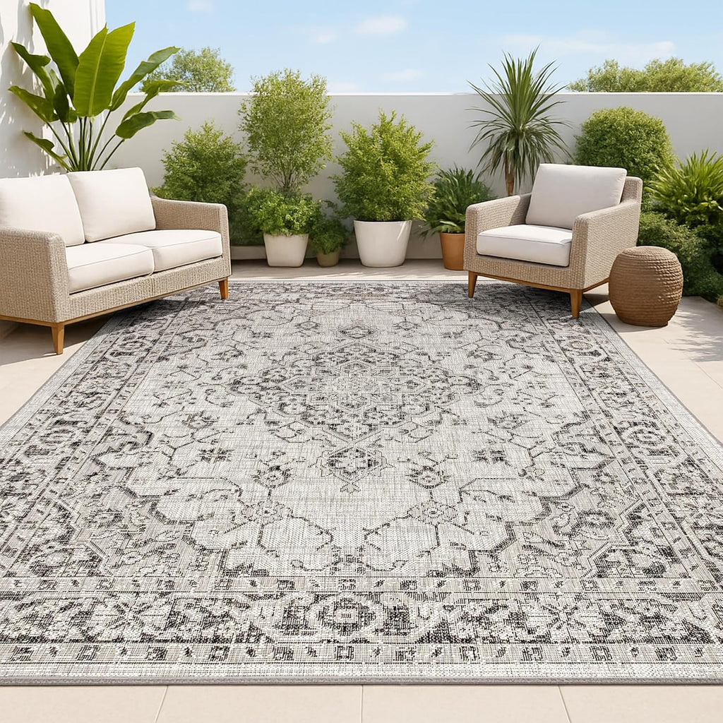 JONATHAN Y Boho Medallion Indoor Outdoor Area Rug 8X10 Gray/Black, Rozetta Textured Weave for Backyard, Patio, Porch, Easy-Cleaning, High Traffic, Pet-Friendly, Non-Shedding (SMB102D-8)