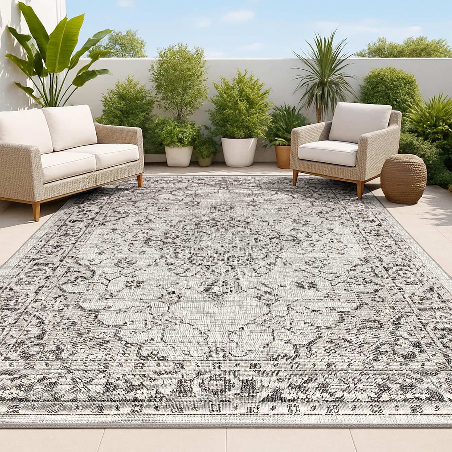 JONATHAN Y Boho Medallion Indoor Outdoor Area Rug 8X10 Gray/Black, Rozetta Textured Weave for Backyard, Patio, Porch, Easy-Cleaning, High Traffic, Pet-Friendly, Non-Shedding (SMB102D-8)