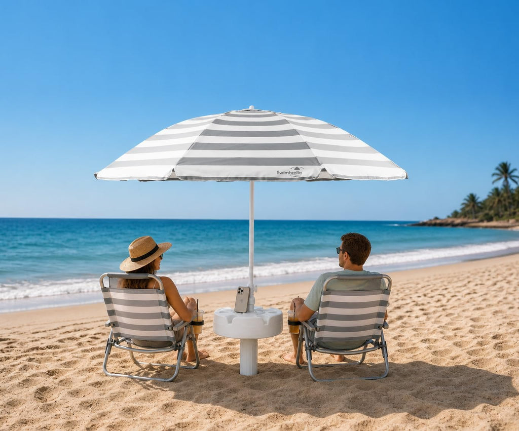 Floating Pool Umbrella with Table, 6 Cup Holders, 7 ft UV 50+ Sun Shade, Stable Water Umbrella for Pool, Lake & Beach, Convertible Beach Table