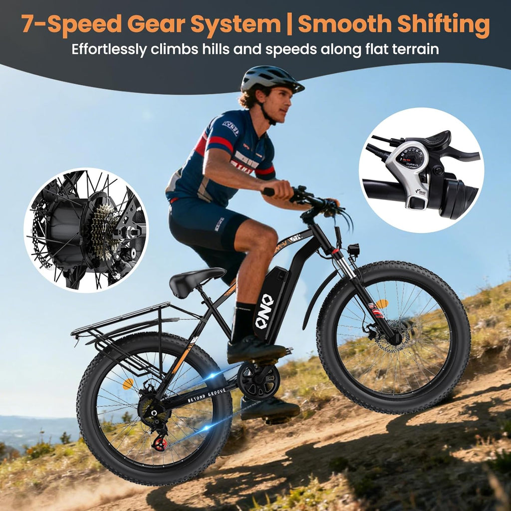 Adult Fat Tire Electric Bike 1500W Peak Motor - 48V 15Ah Fast Electric Mountain Bike, 28MPH & 60 Miles Long Range Ebike, 26" All Terrain E-Bike for Men Women with Lockable Suspension & 7 Speed Gears