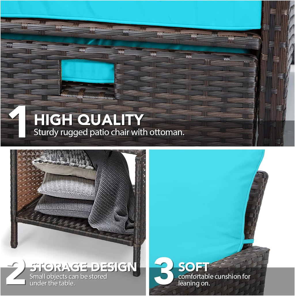 LEVELEVE Balcony Furniture 5 Piece Patio Conversation Set, PE Wicker Rattan Outdoor Lounge Chairs with Soft Cushions 2 Ottoman&Glass Table for Porch, Lawn-Brown Wicker