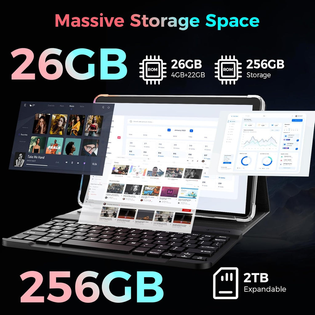 Tablet with Keyboard, 2026 Android 15 tablet with 26GB+256GB+2TB Expand, 10 Inch Tablet PC with 8-Core, Gemini AI, 5G WiFi, 8000mAh, BT5.0, GPS, Electronics Tablets with Case/Mouse/Stylus(Green Case)