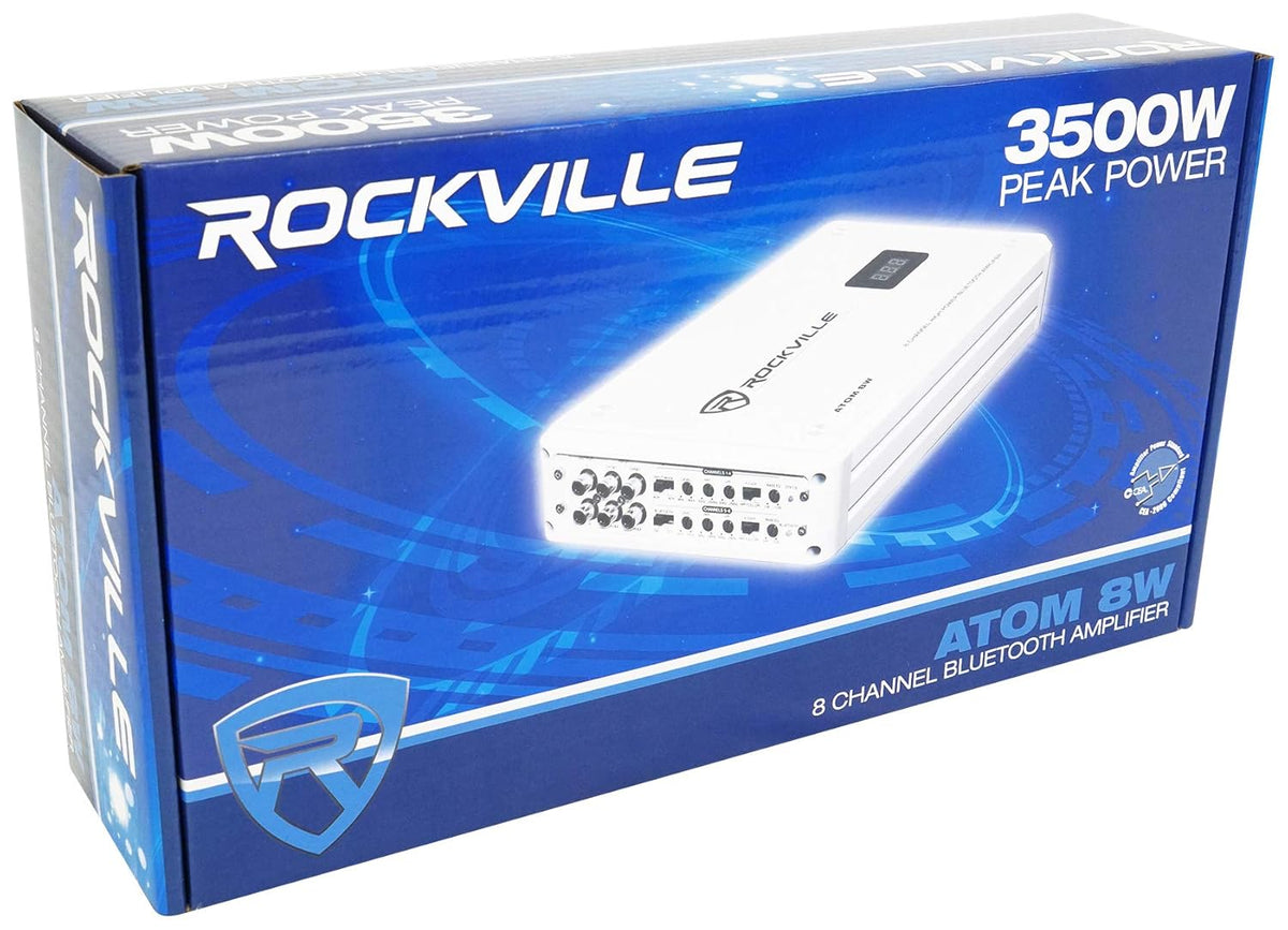 Rockville Atom 8W 3500W Peak 8-Channel Marine Amplifier 4 Ohm, Bluetooth, Marine-Grade Water-Resistant, Compact, for Boat and Marine Audio Systems