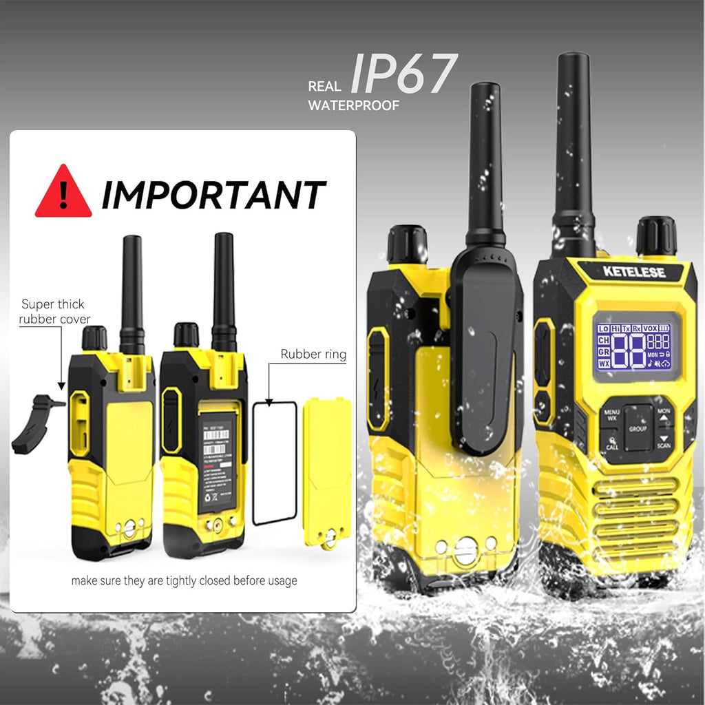 KETELESE T4 Two Way Radio with Earpiece and Mic, FRS 22 Channel Walkie Talkie Long Range, IP67 Waterproof Walkie Talkies, Weather Alert, PTT Group, VOX, Yellow, 6Pack