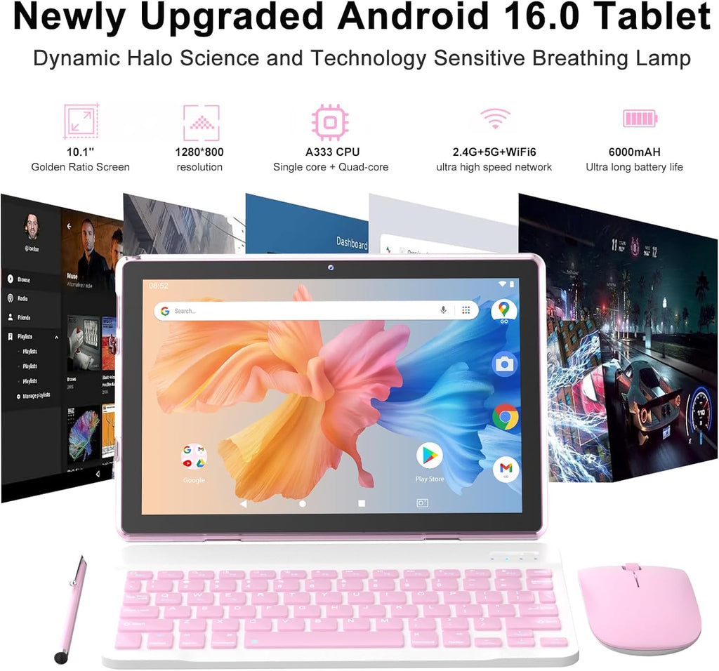 Android 16 Tablet 10 Inch, 12(3+9) GB RAM+64GB ROM, 2 in 1 Tablets with Keyboard Case Mouse Stylus, 2.0GHz Five-core Processor, 1280 * 800 IPS HD Screen, 5G WiFi6 BT 5.3 Tableta PC(Pink)
