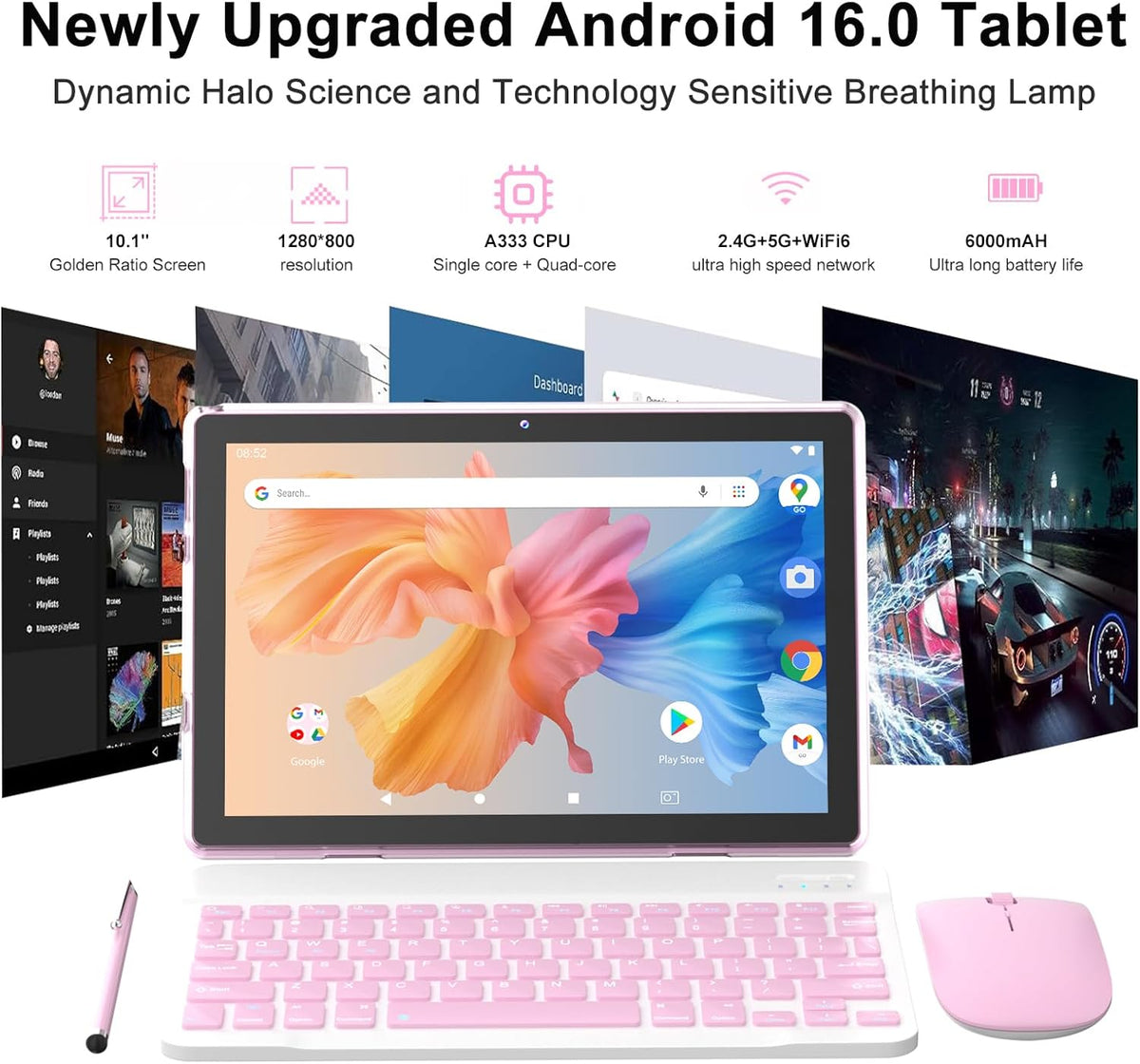 Android 16 Tablet 10 Inch, 12(3+9) GB RAM+64GB ROM, 2 in 1 Tablets with Keyboard Case Mouse Stylus, 2.0GHz Five-core Processor, 1280 * 800 IPS HD Screen, 5G WiFi6 BT 5.3 Tableta PC(Pink)