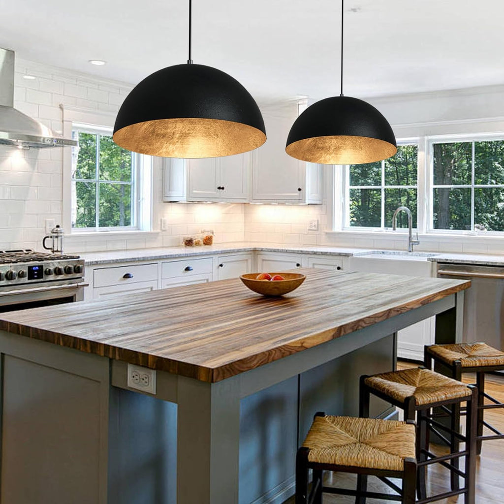 15 Inch Black and Gold Leaf Pendant Light, Grainy Matte Black Dome Chandelier with Hand-Applied Gold Leaf Interior, E26 Socket for Kitchen Island, Dining Room, or Bar