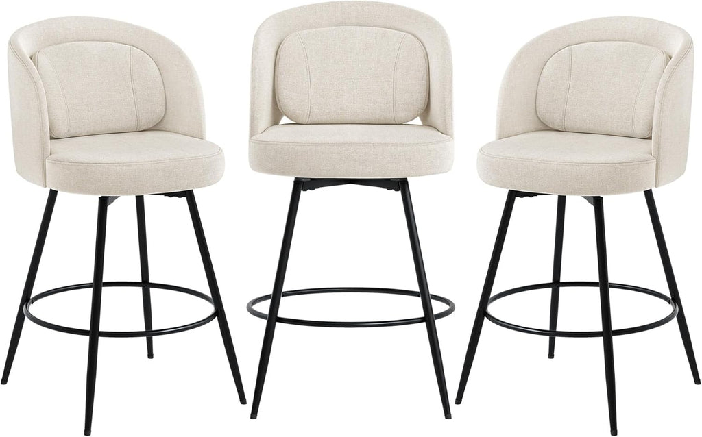 LUE BONA 26''H Swivel Bar Stools Set of 3, Counter Height Bar Stools with Backs, Lumbar Pillow and Black Metal Frames, Upholstered Modern Barstools for Kitchen Island, Linen Farbic, Linen Color