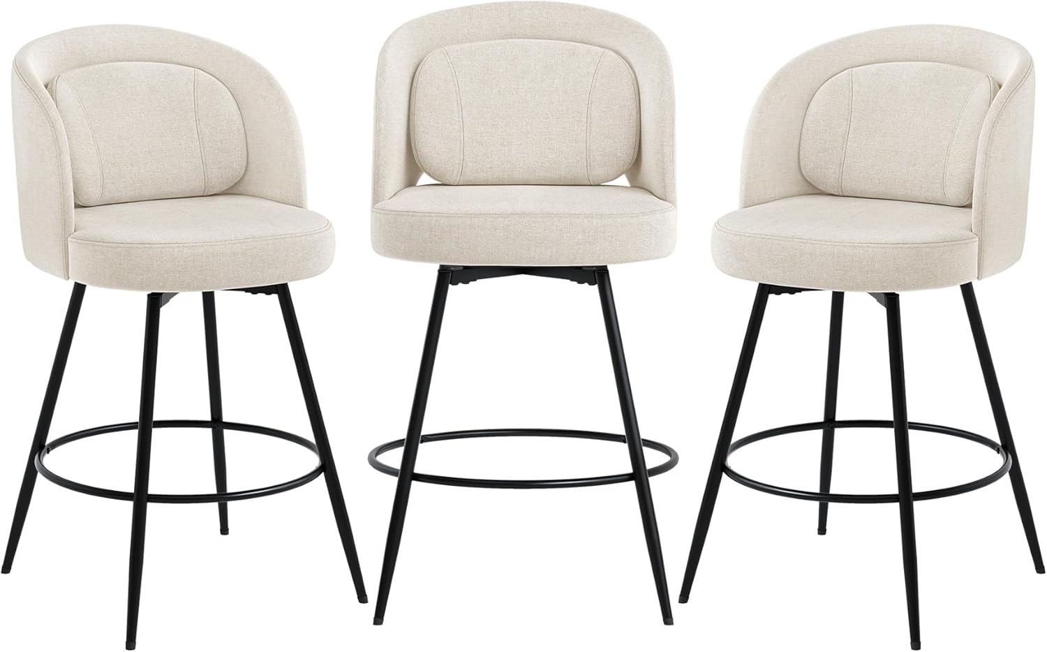 LUE BONA 26''H Swivel Bar Stools Set of 3, Counter Height Bar Stools with Backs, Lumbar Pillow and Black Metal Frames, Upholstered Modern Barstools for Kitchen Island, Linen Farbic, Linen Color