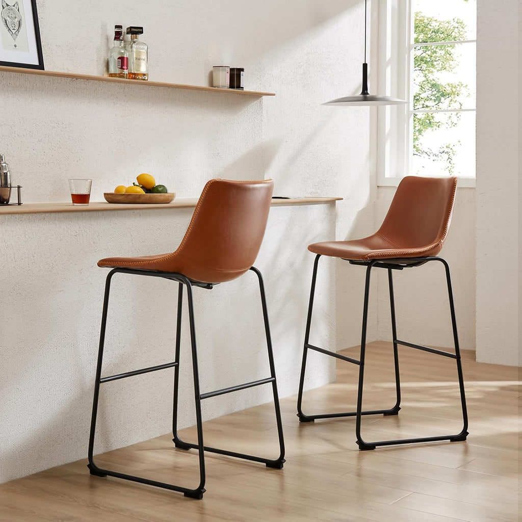 DUMOS Counter Height Bar Stools Set of 4, 30 inch Height Stool Faux Leather Barstools with Back, Armless Kitchen Island Countertop Comfortable Modern Chairs with Metal Legs, Warm Brown