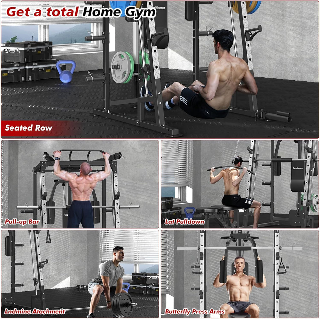 SunHome Smith Machine, Power Cage Squat Rack with Smith Bar, LAT Pull-Down Systems, Cable Crossover Machine and Cable Attachment for Home Gym