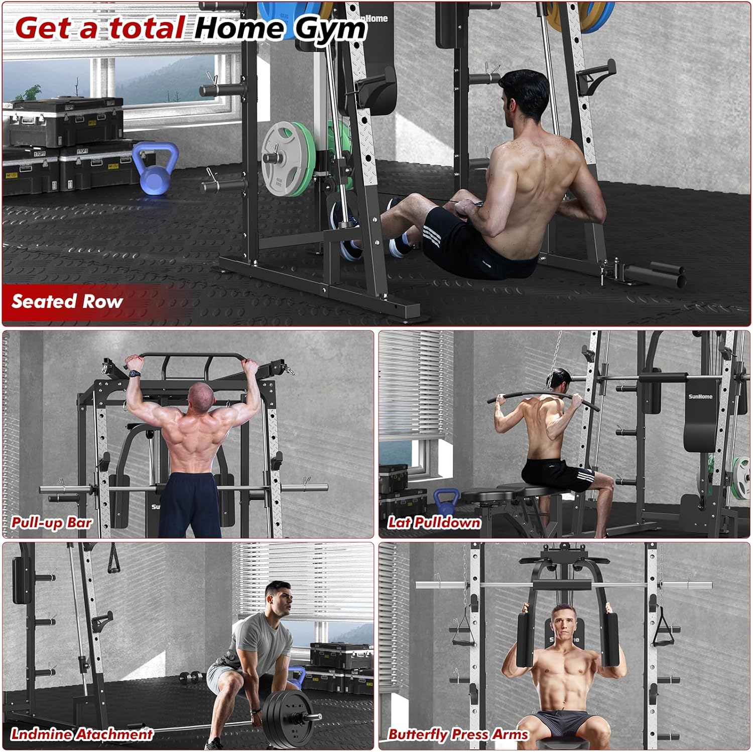 SunHome Smith Machine, Power Cage Squat Rack with Smith Bar, LAT Pull-Down Systems, Cable Crossover Machine and Cable Attachment for Home Gym