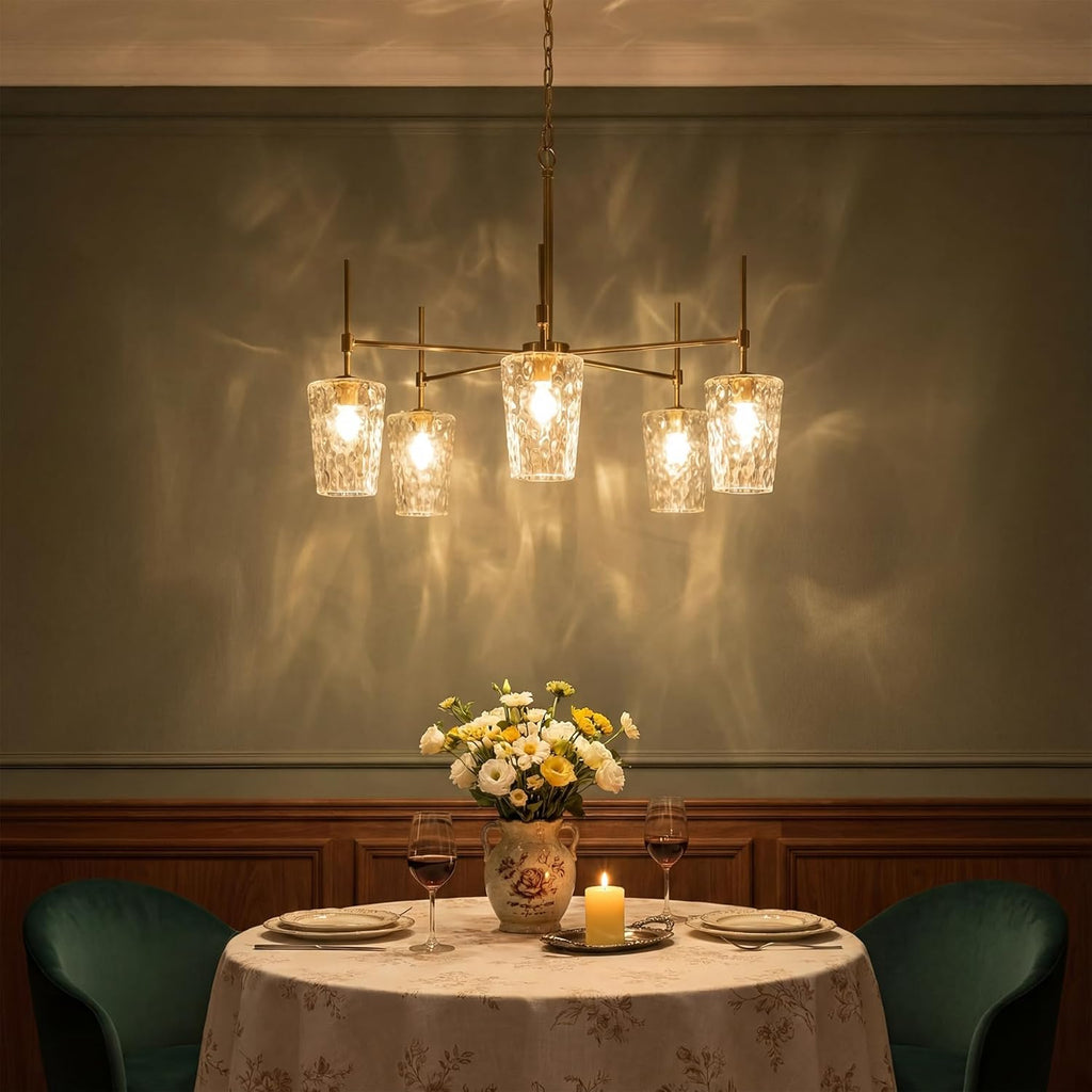 Tribesigns Modern Gold Chandelier with Water Ripple Wine Glass Shades, 5-Light Pendant Light with Adjustable Height for Dining Room, Kitchen Island, Living Room, E12 Base