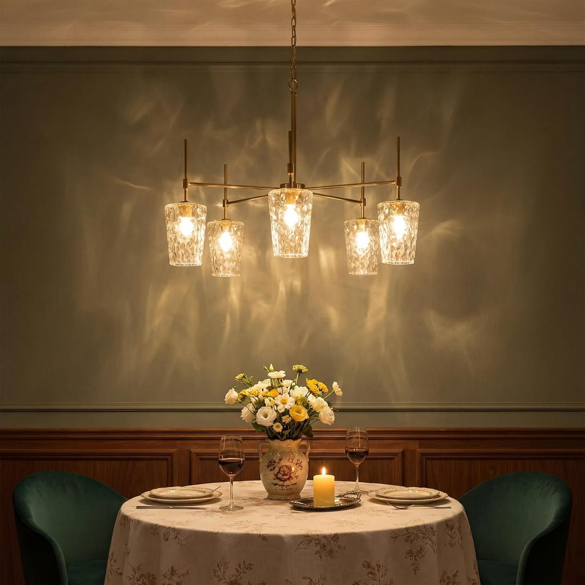 Tribesigns Modern Gold Chandelier with Water Ripple Wine Glass Shades, 5-Light Pendant Light with Adjustable Height for Dining Room, Kitchen Island, Living Room, E12 Base