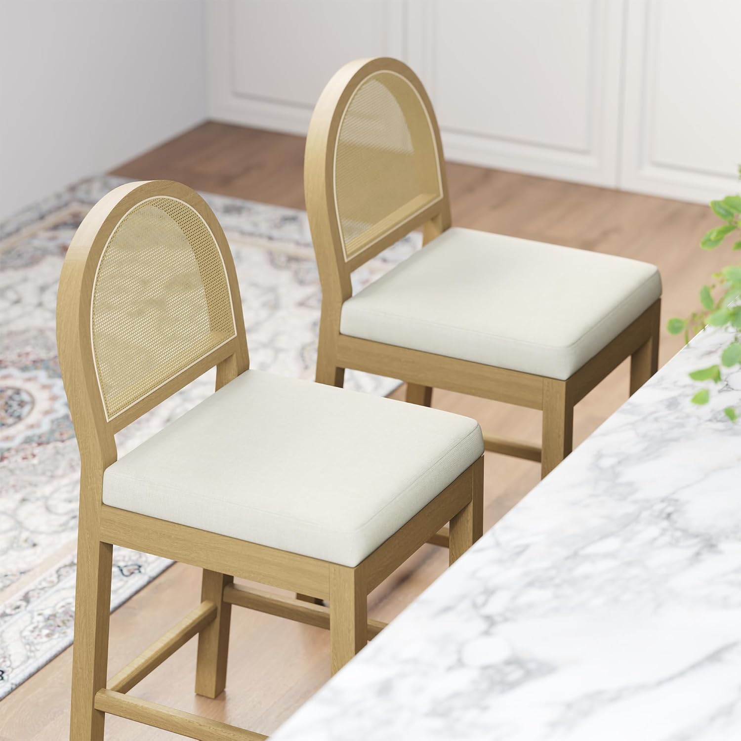STHOUYN Upholstered Rattan Bar Stools Set of 4, Wooden Counter Height Stools with Natural Rattan Woven Back and Chenille Seat, Mid-Century Modern Island Chairs Barstools for Kitchen (4, Cream White)